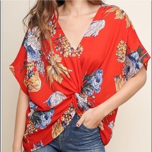 Pink Lily Umgee Twist Front Red Floral Blouse Top Like New